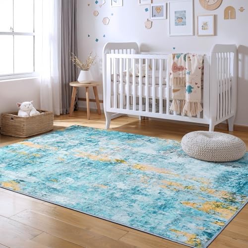 Ompaa Living Room Rug 5x7 Teal Blue Area Rug Machine Washable Boho Rug Non Slip Abstract Vintage Indoor Large Rugs for Bedroom, Classroom, College Dorm, Farmhouse, Dining Room, Kids Playroom - Image 5