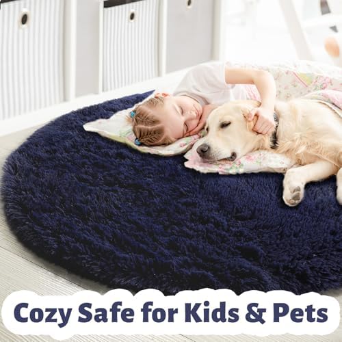Amdrebio Dark Navy Blue Round Fluffy Area Rug 5Ft for Bedroom Living Room - Image 4