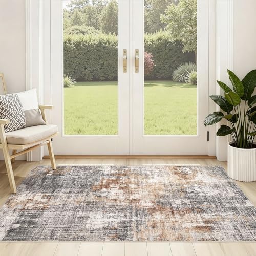 DMOYEST Washable Area Rug: 3x5 ft Abstract Small Rugs for Entryway Kitchen Living Room Bedroom - Non Slip Modern Neutral Carpet Indoor Front Door - Grey Brown - Image 4