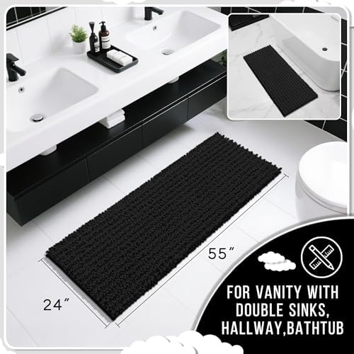 Yimobra Bathroom Runner Rug 55x24 Inch - Extra Long Non Slip Chenille Bath Mat, Soft & Absorbent, Machine Washable Shaggy Hallway Carpet for Vanity Tub Shower, Black Home Decor Accessories - Image 2