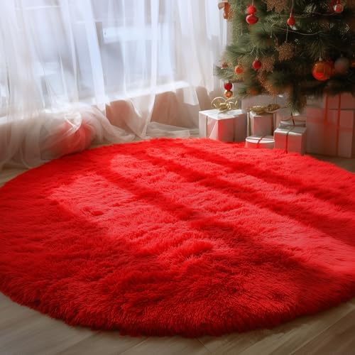 Red Round Rug 4Ft, Area Rugs for Bedroom, Fluffy Circle Carpets Girls Room - Image 5