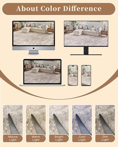 Madane Washable Round Rug 8ft for Living Room, Soft Neutral Rug Brown/Sand - Image 5