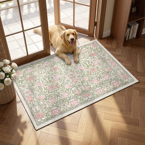 GarveeHome Pink Green Beige Floral 2.5x8 Runner Rug for Kitchen Hallways - Image 2