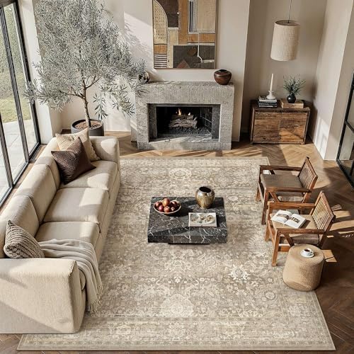 HUGEAR Area Rugs 9x12 Beige Vintage Rug for Living Room by HUGEAR
