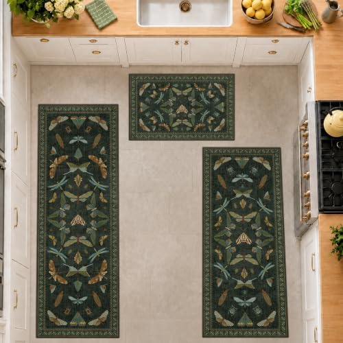 JTJ Vintage Insect Kitchen Rug Set of 3, Dark Green Washable Mats - Image 3