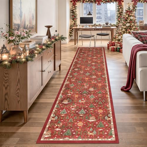 Christmas 2x10 Runner Rugs for Hallway, Red Non Slip Washable Kitchen Rug - Image 3