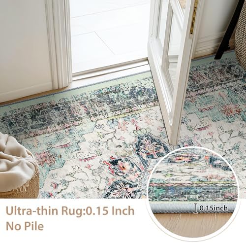 BESTSWEETIE 2x8 Area Rug Washable Rugs for Living Room, No Pile Boho Carpet for Entryway Bedroom Dinning Room, Vintage Carpet Print Distressed Non-Slip, 2 x 8 ft, Multi Navy Teal - Image 4