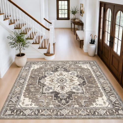 Living Room Washable 6x6 Square Rug: Vintage Non-Slip Backing Area Rugs Stain Resistant Carpet for Bedroom Nursery Indoor Soft Thin Low Pile Home Decor Floor Mat for Kitchen Dining Room (Beige,6x6) - Image 2