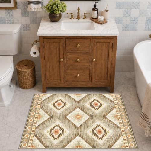 Area Rug 2x3 Rug Machine Washable Non-Slip Low Pile Print Pattern Western Rug for Living Room Bedroom Entryway Tribal Series -Cream/Camel - Image 2