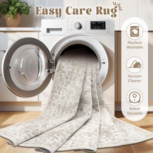 Living Room Rugs 8x10: Washable Moroccan Geometric Boho Rug Farmhouse Non Slip Stain Resistant Large Rug Low Pile Soft Carpet for Bedroom Dining Room Children Room (Beige Floral,8'x10') - Image 4