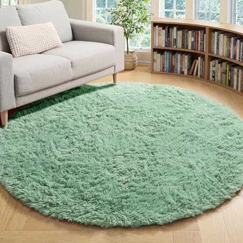 Sage Green Fluffy Round Rug Circle Area Rugs 4ft for Kids Teen Bedroom by ONASAR