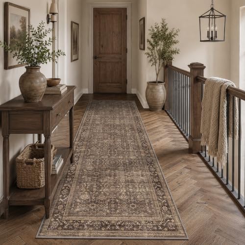 JOOJA 3x10 Brown Vintage Floral Low Pile Non Slip Washable Boho Runner Rug - Image 3