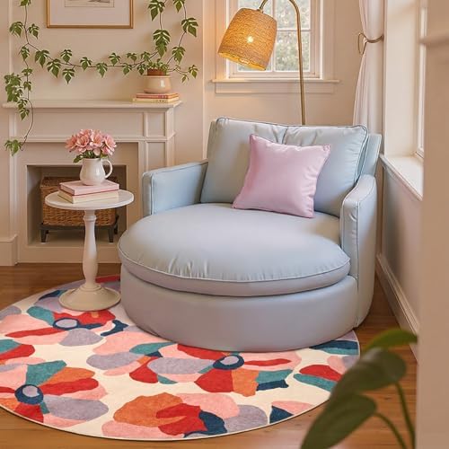 jinchan 5ft Floral Round Rug Washable Living Room Rug Colorful Cute Bloom by JINCHAN