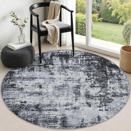 Round Area Rug Living Room: 4 ft Modern Washable Carpet Dark by FXRHLP