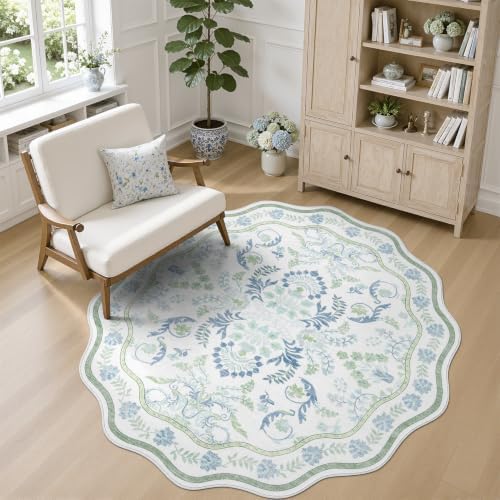 DCX Blue and Green 4x4 Rug, Washable Botanical Scalloped Round Rug by DCXWashableRug