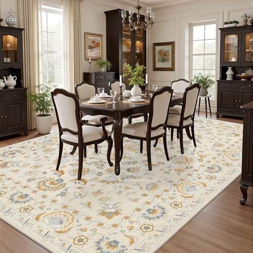 Area Rug 9x12 Living Room: Soft Floral Washable Boho Carpet Beige - Image 4