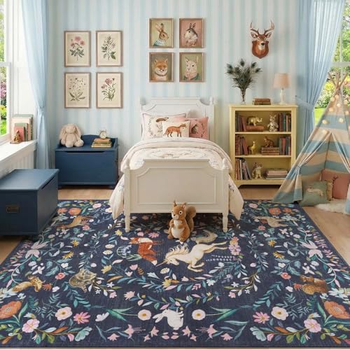 jinchan 8x10 Kids Rug Washable Playroom Rug Whimsical Unicorn, Navy Blue - Image 3