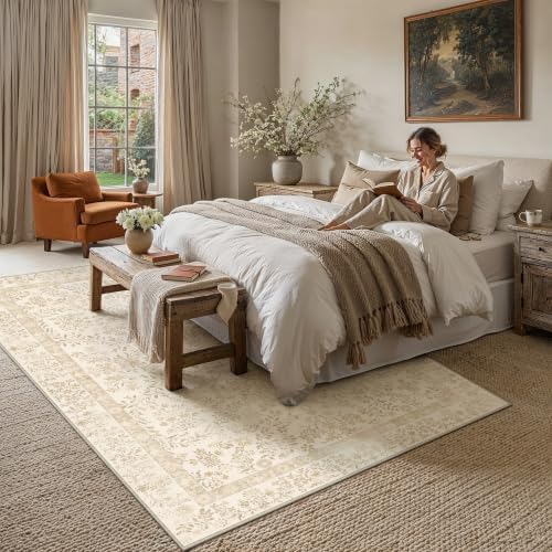 PureCozy 8x10 Beige Brown Floral Area Rug Vintage Farmhouse Style - Image 3