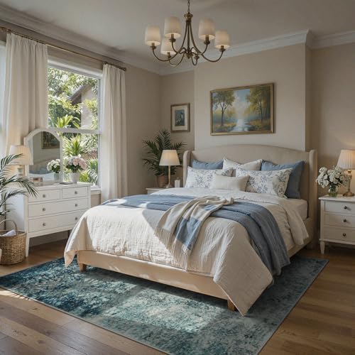 Lahome Modern Abstract Area Rug 5x7 Rugs for Living Room, Washable Accent Bedroom Rug Low Pile Non-Slip, Indoor Floor Contemporary Carpet for Kitchen Bathroom Laundry,Blue/Grey - Image 4