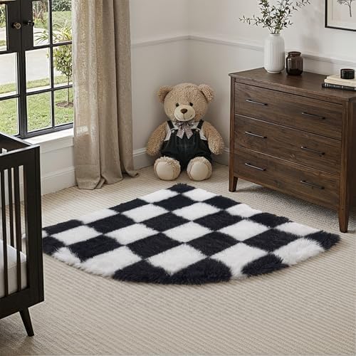 PureCozy Checkered 3ft Radius Corner for Playroom Black and White Soft Shag by PureCozy