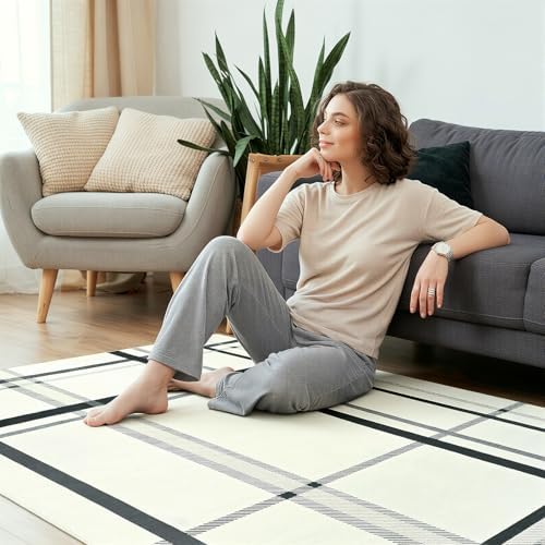 Terrug Beige Striped Checkered Rug for Living Room, 5x7 Washable Area Rugs - Image 4