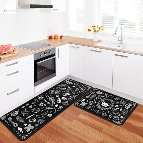 Gothic Rug Set of 2, 17x30+17x47inch, Kitchen Mat with Rubber Backing, Non-Slip, Washable, Black - Image 4