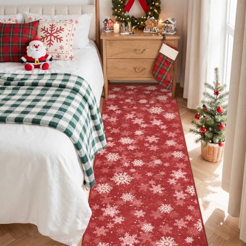 Christmas Runner Rug 2x8, Washable Snowflake Rugs for Living Room, Ultra-Thin Hallway Rug Runner Non Slip, Soft Red Holiday Decor Indoor for Entrance, Bedroom(2'x8', Red/White) - Image 4