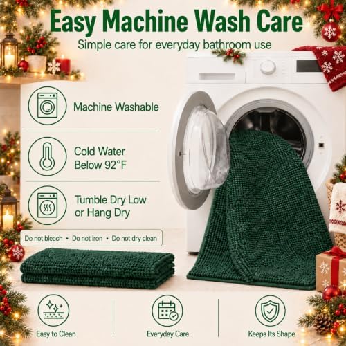 2 Piece Bath Rugs for Bathroom Non Slip - Soft Plush Shaggy Mats Floor, Indoor Entryway Extra Soft Chenille Bath Mat Absorbent Bathroom Rug（Dark Green） - Image 4