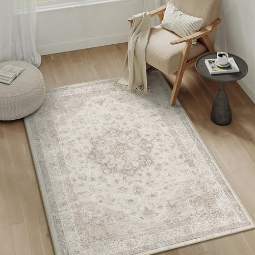 PureCozy Beige 3x4 Washable Area Rug Vintage Oriental Medallion Doormat - Image 6