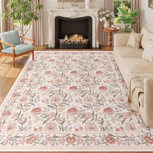 DUKINO 8x10 Area Rug Vintage Floral Washable Rug for Living Room Beige Pink by DUKINO