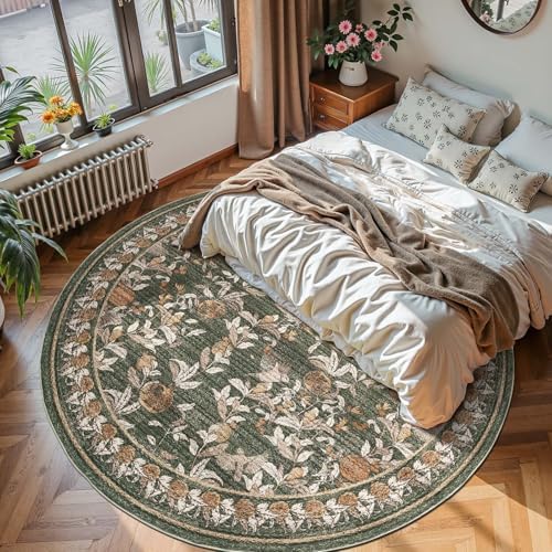 jinchan 7ft Round Rug Floral Vintage Washable Area Rug, Green - Image 5