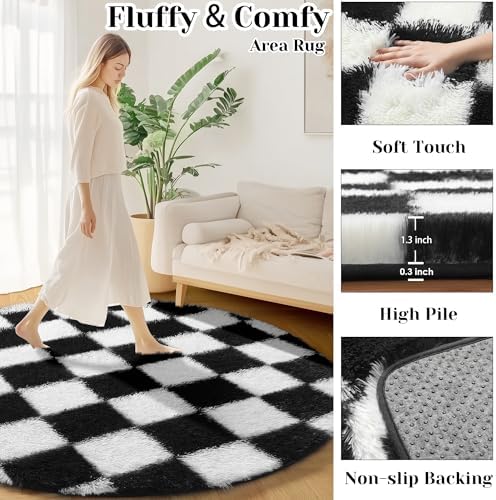 KICMOR Round Rugs 7ft Black and White Circle Area Rug, Fluffy Soft Large Fuzzy Shag Shaggy Bedroom Living Room Carpet, Indoor Checkered Circular Rug for Kids Boys Girls Home Decor Aesthetic, Nursery - Image 2