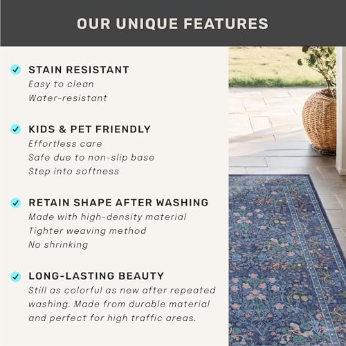 Navy Blue Washable 2x3 Entry Rug - Small Front Door Mats Indoor, Non-Slip Boho Bathroom Rugs, Vintage Dark Decor for Kitchen, Entryway - Image 6