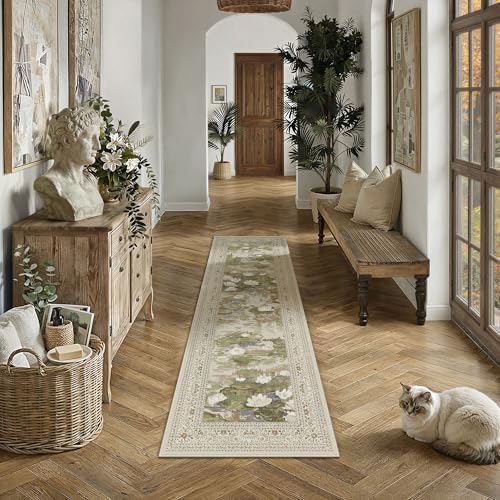 PureCozy Beige Runner Rug 2x6 Kitchen Vintage Floral Non-Slip Carpet by PureCozy