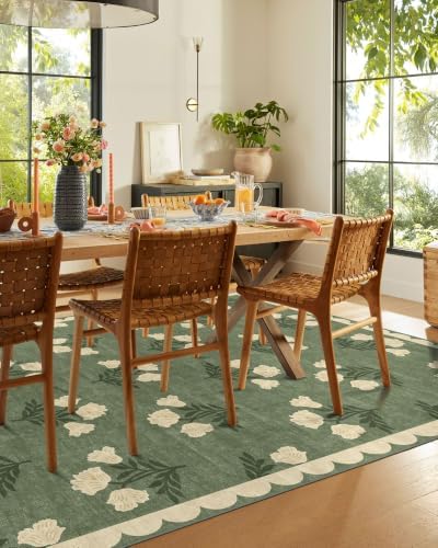 5x7 Living Room Area Rug - Green Boho Floral Scalloped Bedroom Rug - Image 5