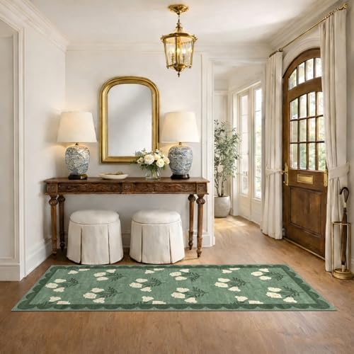 Non Slip Kitchen Runner Rug 2x6 Green Floral Hallway Runner Rugs - Image 6