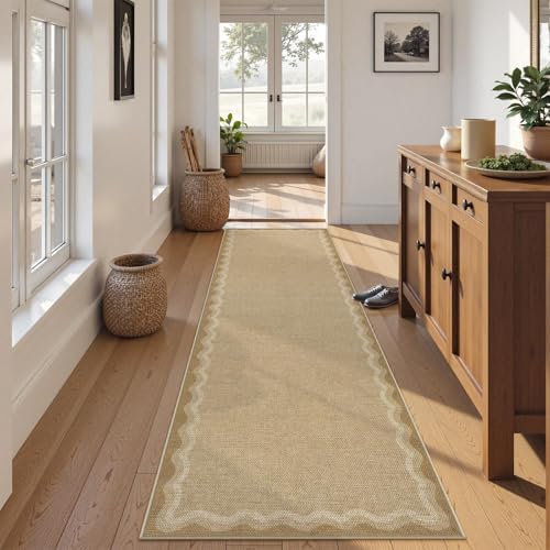 LIVEBOX Scalloped Washable 2x8 Kitchen Runner Rug, Easy Jute Geometric Tan Rug for Hallway Runner Entryway, Indoor Outdoor Non Slip Rugs Farmhouse Modern Carpet Door Mat for Porch Laundry Room - Image 3