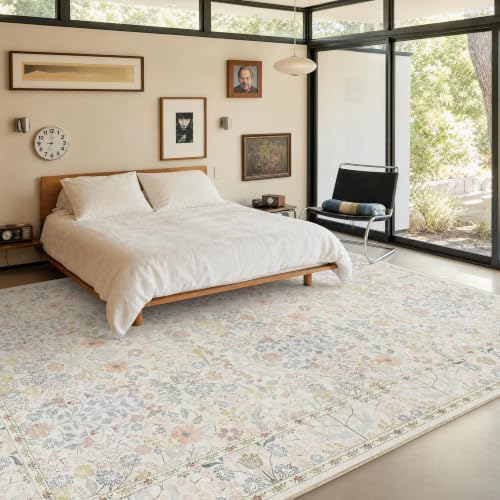 SparkleGaze Vintage White Ivory Beige Floral Living Room Rug, 8x10 Washable Area Rugs for Dining Room Under Kitchen Table, Bedroom, Farmhouse Ultra Soft Low Pile Stain Resistant Non-Slip Large Carpet - Image 6