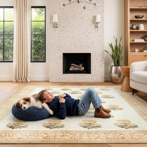 Washable Dining Room Rugs for Under Table - 6x9 Beige Brown Floral Area Rug for Living Room, Low Pile Non Slip Floor Carpet for Bedroom, Vintage Distressed Ultra Soft Stain Resistance - Image 4