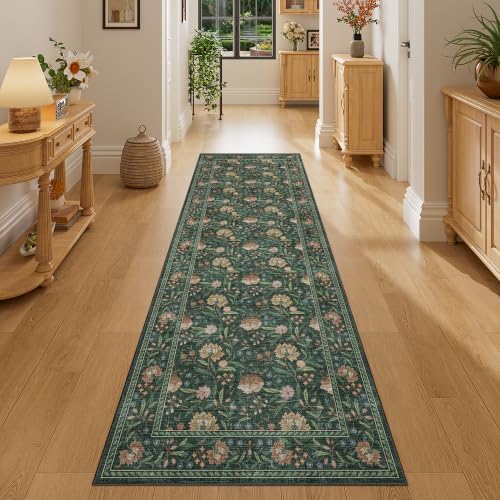 DUKINO 2x6 Runner Rug, Washable Vintage Floral Kitchen Rug, Green by DUKINO
