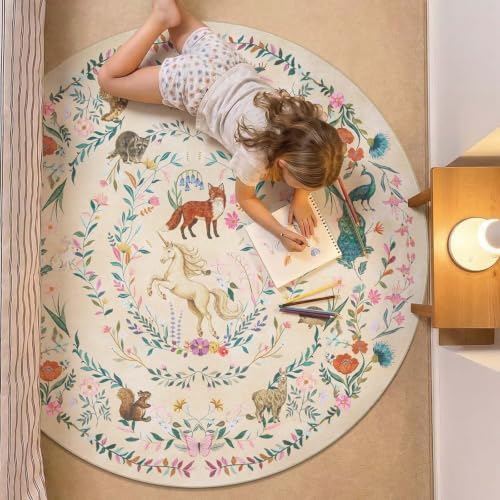 jinchan 6ft Round Kids Rug Washable Whimsical Nursery Playroom Rug, Cream - Image 3
