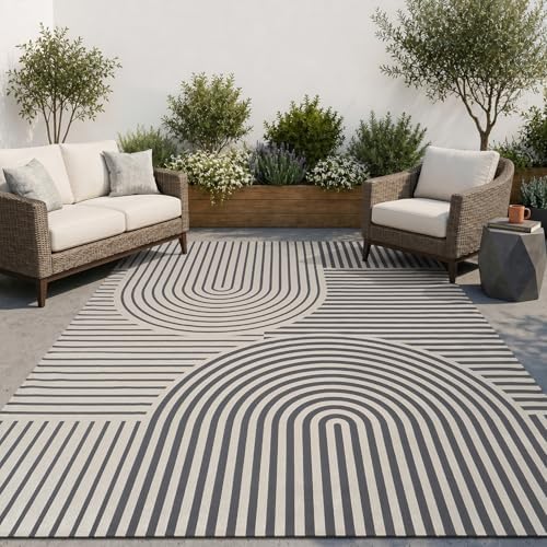 AMOAMI Outdoor Rug Patio Rug 8x10 ft Quick Dry Flatweave Textured Machine Washable Outdoor Carpet with Rubber Particles Backing Boho Outdoor Area Rug for Patio Deck Front Porch Balcony Greyish Black by AMOAMI