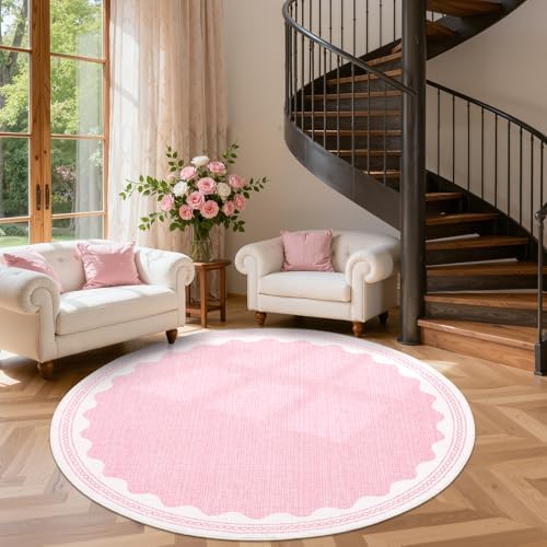 GarveeHome Scalloped Edge Solid Pink 4ft Round Rug Circle Modern Minimalism Washable Non-Slip Soft Ultra-Thin Carpet for Living Room Kitchen Bedroom Nursery Dining Room - Image 3