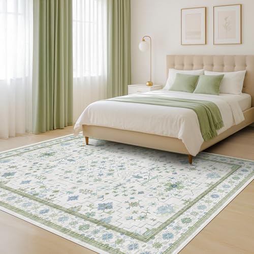 Hazo Haus Cream Oushak 6x9 Bedroom Rug - Boho Floral Cool Blue and Green, Washable Low Pile Non-Slip Ultra-Thin Large Area Rugs for Bed Room, Living Room, Playroom by HazoHaus