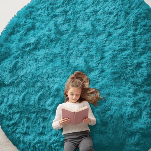 OLANLY Teal Round Rugs for Bedroom - Machine Washable, 9 ft Circle Area Rugs for Living Room, Soft and Fluffy Shaggy Carpet for Teen Girl and Boys, Nursery Rooms, Dorms, Home Decor Aesthetic by OLANLY