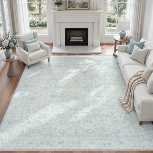 DCX Vintage Washable 8x10 Area Rug, Distressed Floral, Light Blue by DCXWashableRug