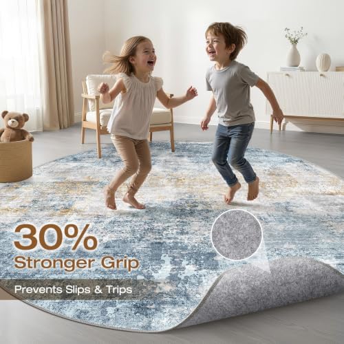 LOONGRUG Round Rug 6x6 Washable Neutral Modern Living Room Rug Blue Gold - Image 3