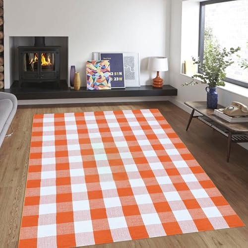 Fall Outdoor Rug Orange Buffalo Plaid Outdoor Rug Cotton Hand-Woven Buffalo Check Rug Layered Doormats for Front Door/Front Porch/Farmhouse/Entryway/Patio - Image 3