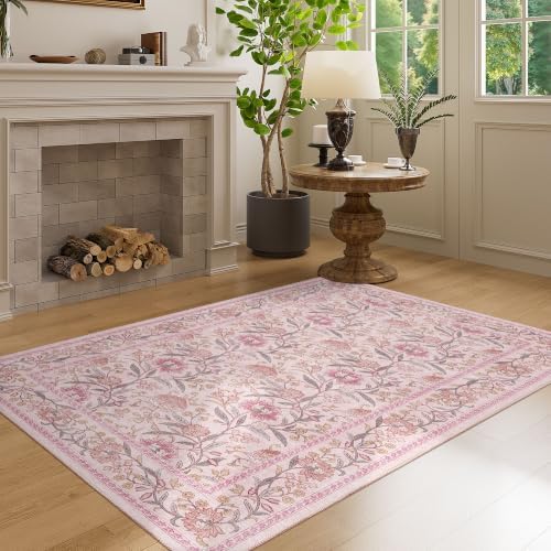 DUKINO 3x5 Rug, Washable Vintage Floral Bedroom Area Rug Non Slip, Pink - Image 5