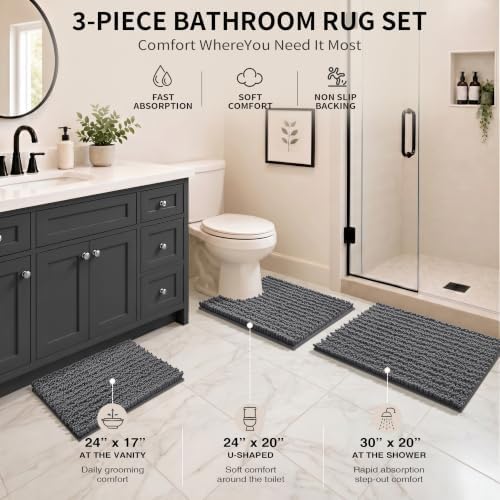 Yimobra Bathroom Rug Set 3 Piece, Super Absorbent Bath Mat Set, Dark Gray - Image 2